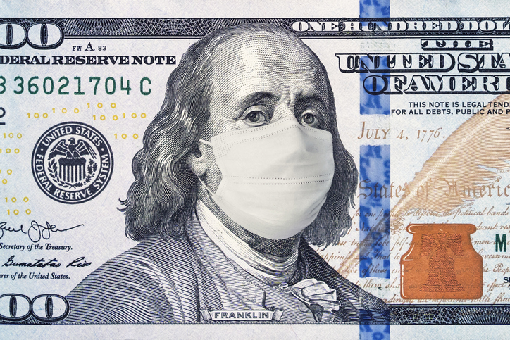 Benjamin Franklin on a $100 bill wearing an N95 mask