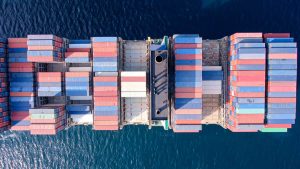 Overhead view of a cargo ship stacked with containers