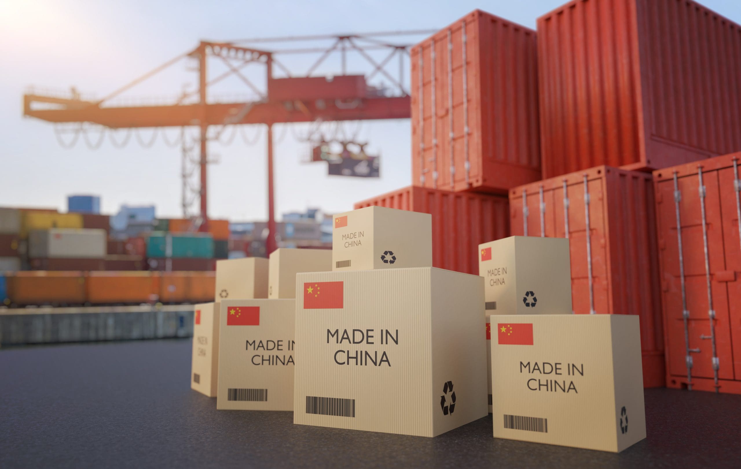 Imported boxes labeled Made in China at a port